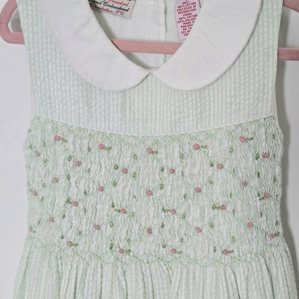 Green & White Serrsucker Smocked Dress - Picture 3 of 3